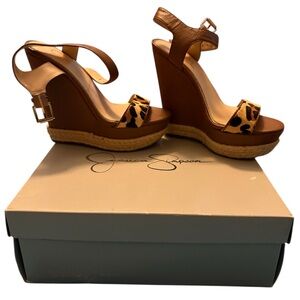 Jessica Simpson Tan and Leopard Wedge Sandals